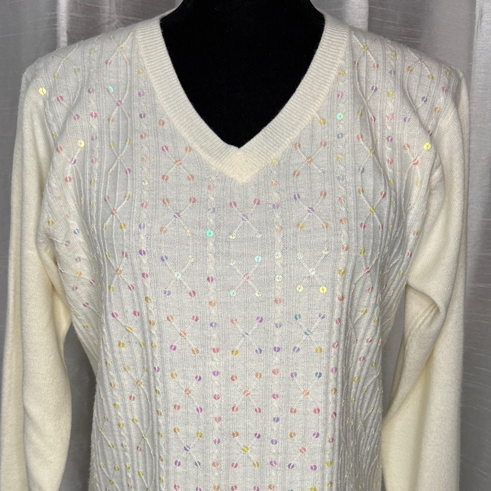 Susan Graver Style Sweater V Neck Acrylic Ivory Loose Fit Women’s S Sequins Soft